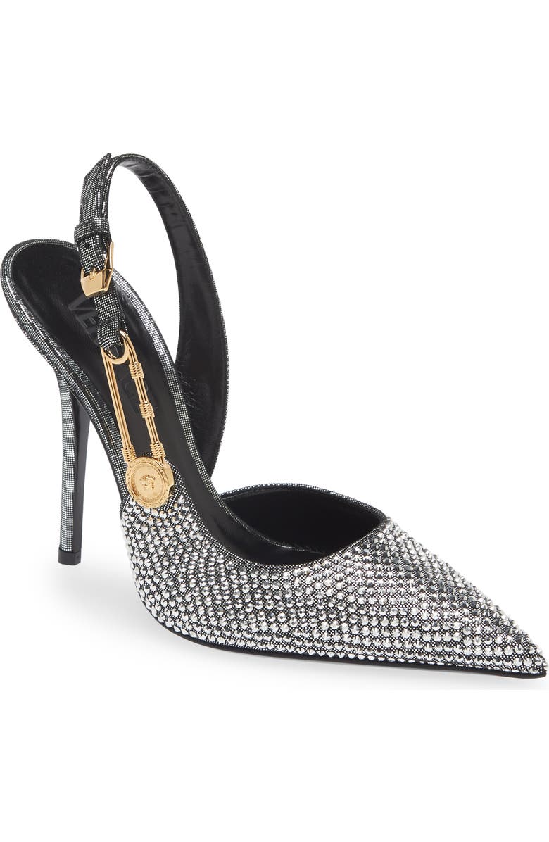 Versace Safety Pin Crystal Slingback Pump, Main, color,