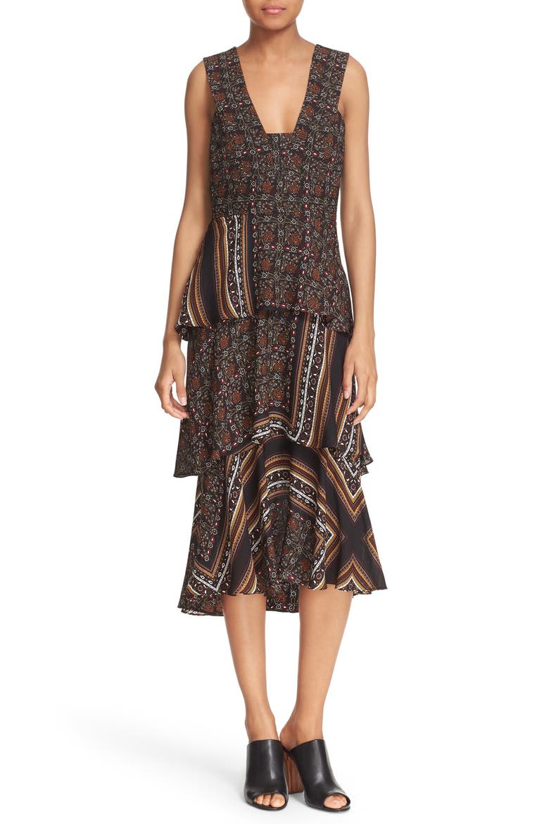 'Hayley' Tiered Print Silk Dress, Main, color, BROWN MULTI