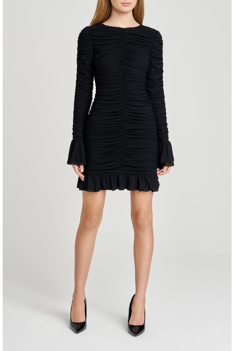 Maxine Long Sleeve Ruched Ruffle Minidress, Main, color, BLACK