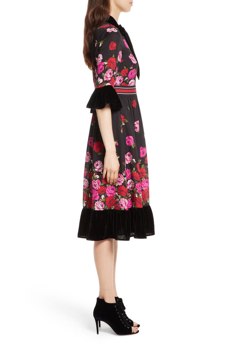 scattered rose velvet trim silk dress, Alternate, color, BLACK MULTI