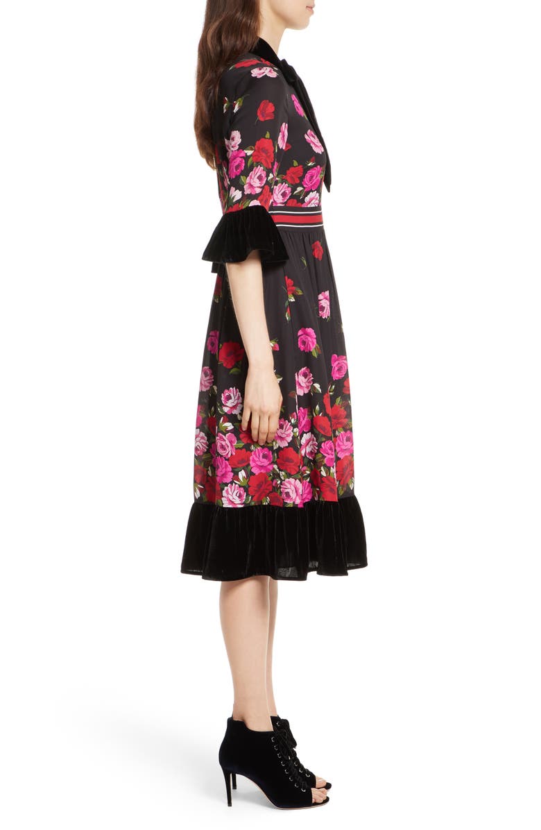 Kate Spade New York scattered rose velvet trim silk dress, Alternate, color,