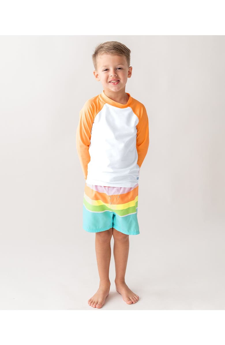 RuggedButts Boys UPF50+ Swim Trunks, Alternate, color, Island Rainbow Multi-Stripe