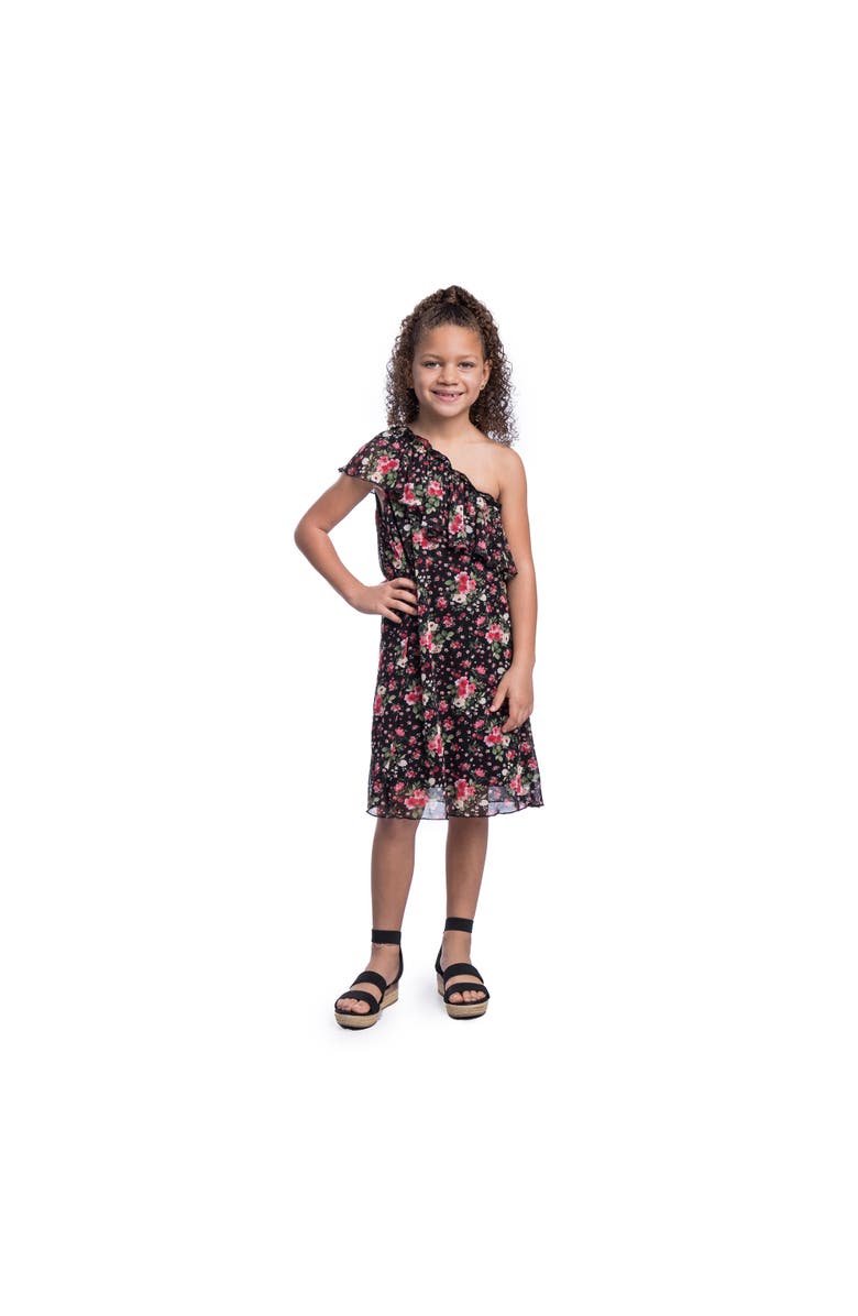 24sevenKid Black Floral One Shoulder Ruffle Knee Length Dress, Main, color, Black Multi