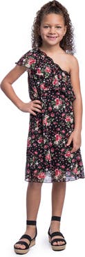 24sevenKid Black Floral One Shoulder Ruffle Knee Length Dress
