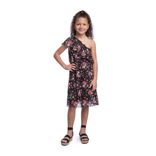 24sevenKid Black Floral One Shoulder Ruffle Knee Length Dress in Black Multi  product