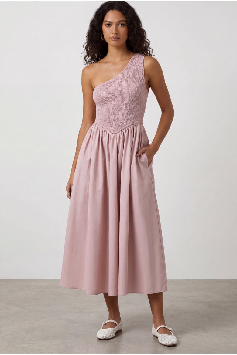 Bianca One-Shoulder Smocked Midi Dress, Main, color, Mauve