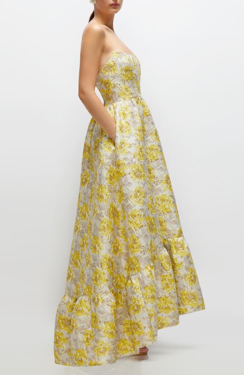 Dessy Collection Metallic Jacquard Corset High/low Gown In Golden Yellow