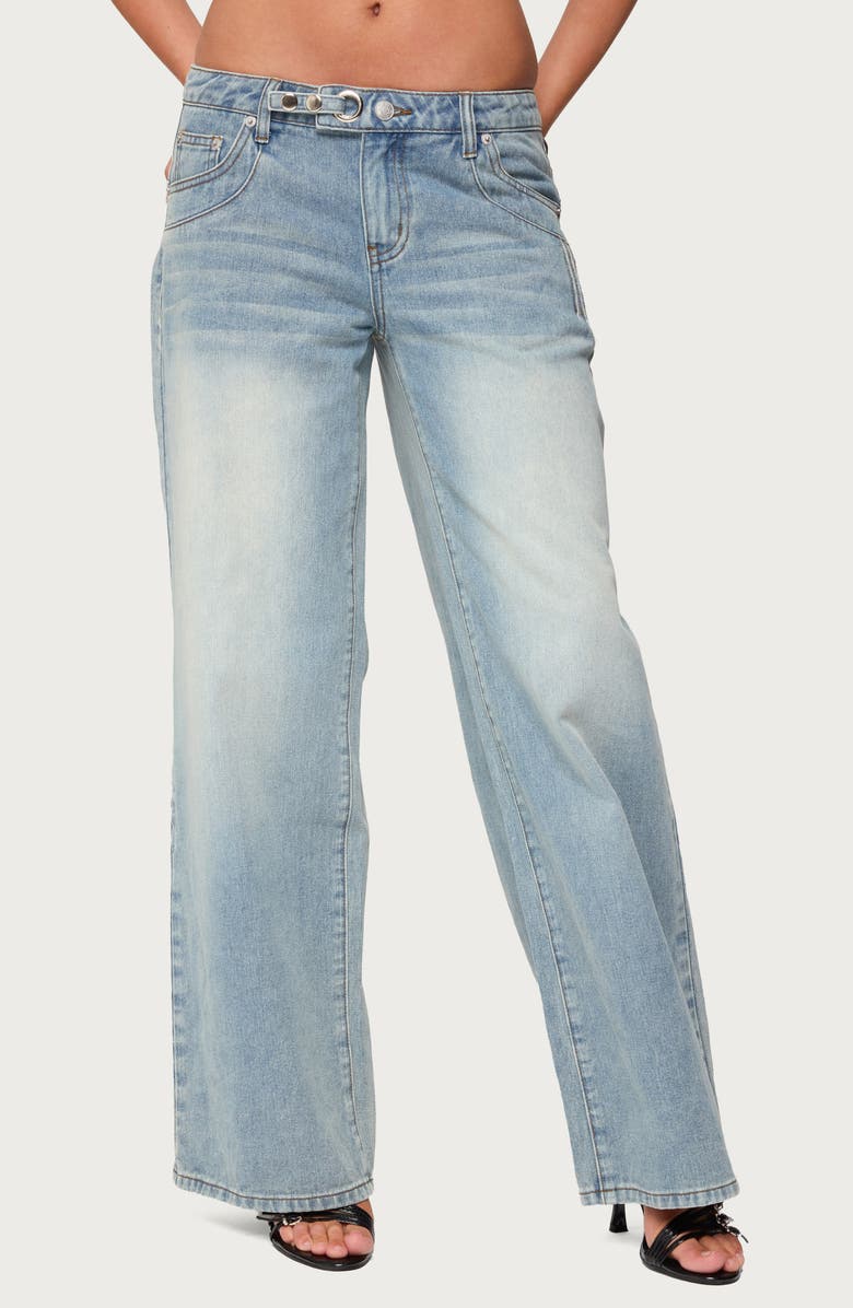 EDIKTED Celia Grommet Belt Wide Leg Jeans, Main, color, Light-Blue