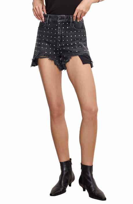Good American Bombshell Crystal Embellished Destroyed Cutoff Denim Shorts