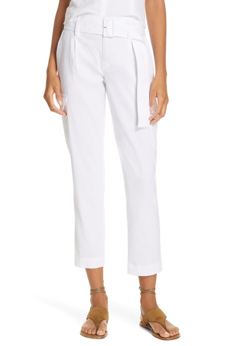 Belted Linen Blend Pants, Main, color, OPTIC WHITE