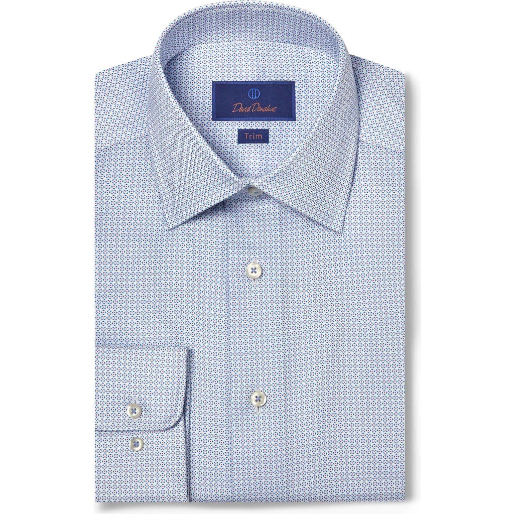 David Donahue Trim Fit Geometric Pattern Cotton Twill Dress Shirt In White/blue