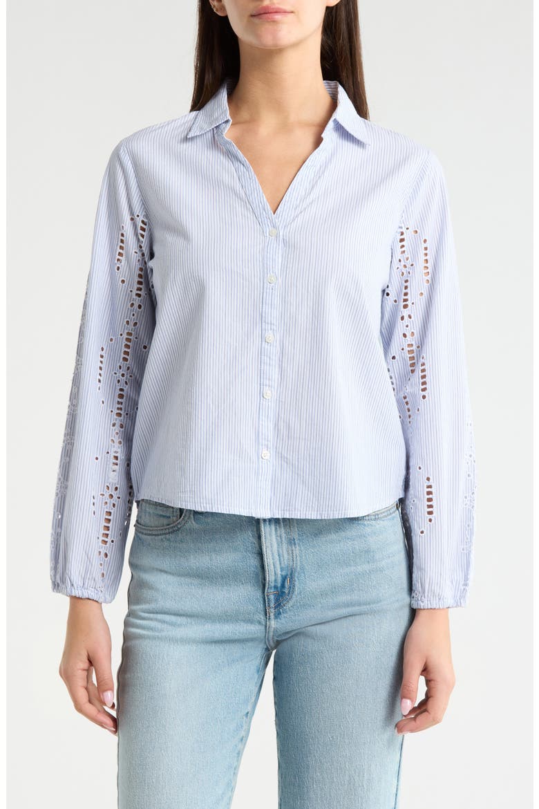 Cutwork Detail Stripe Cotton Button-Up Shirt, Main, color, LIGHT SEASHELL