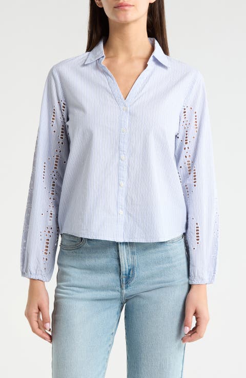 Cutwork Detail Stripe Cotton Button-Up Shirt