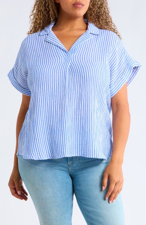 Arin Stripe Short Sleeve Cotton Button-Up Shirt (Plus)