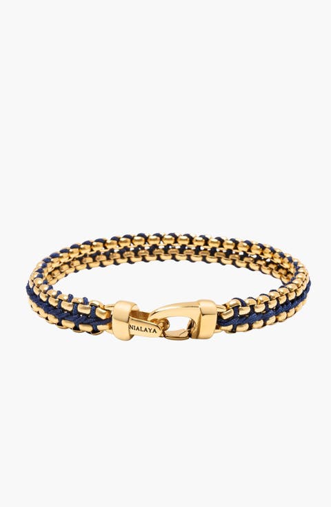 Navy Woven Box Chain Bracelet in Gold