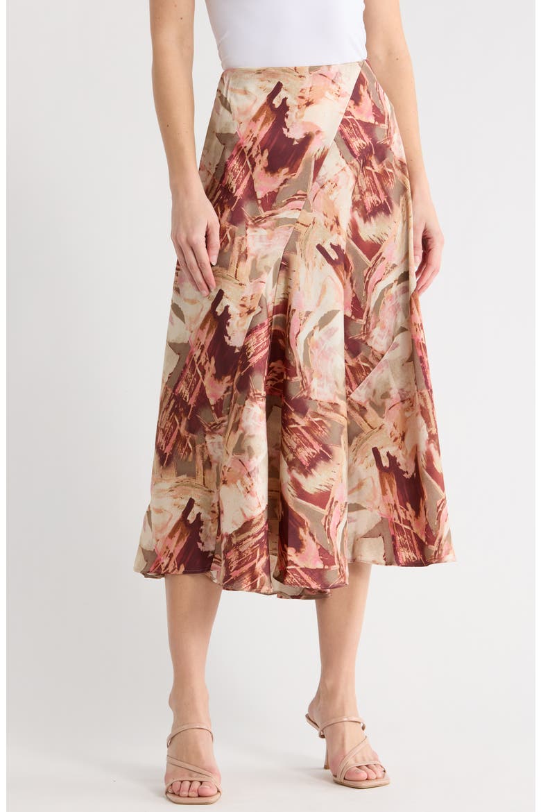 Floral Satin Midi Skirt, Main, color, TRAVERTINE/ CITY CLAY MULTI