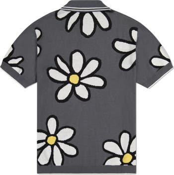 Daisy Jacquard Short Sleeve Cotton Button-Up Polo Sweater
