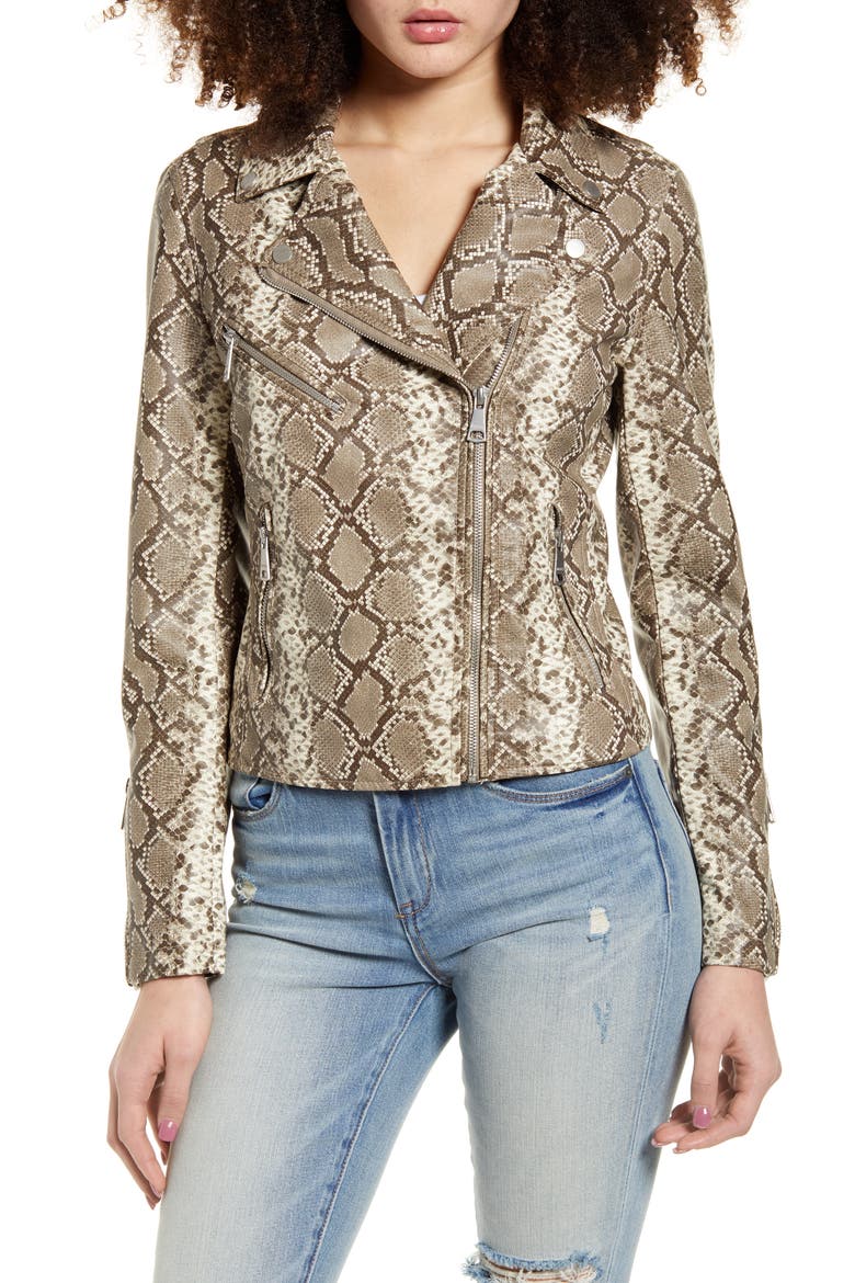 Snake Print Faux Leather Moto Jacket, Alternate, color, TAUPE