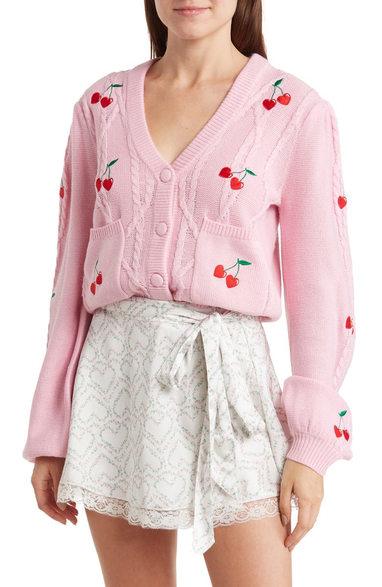 ASOS DESIGN Cherry Cable Knit Cardigan, Main, color,