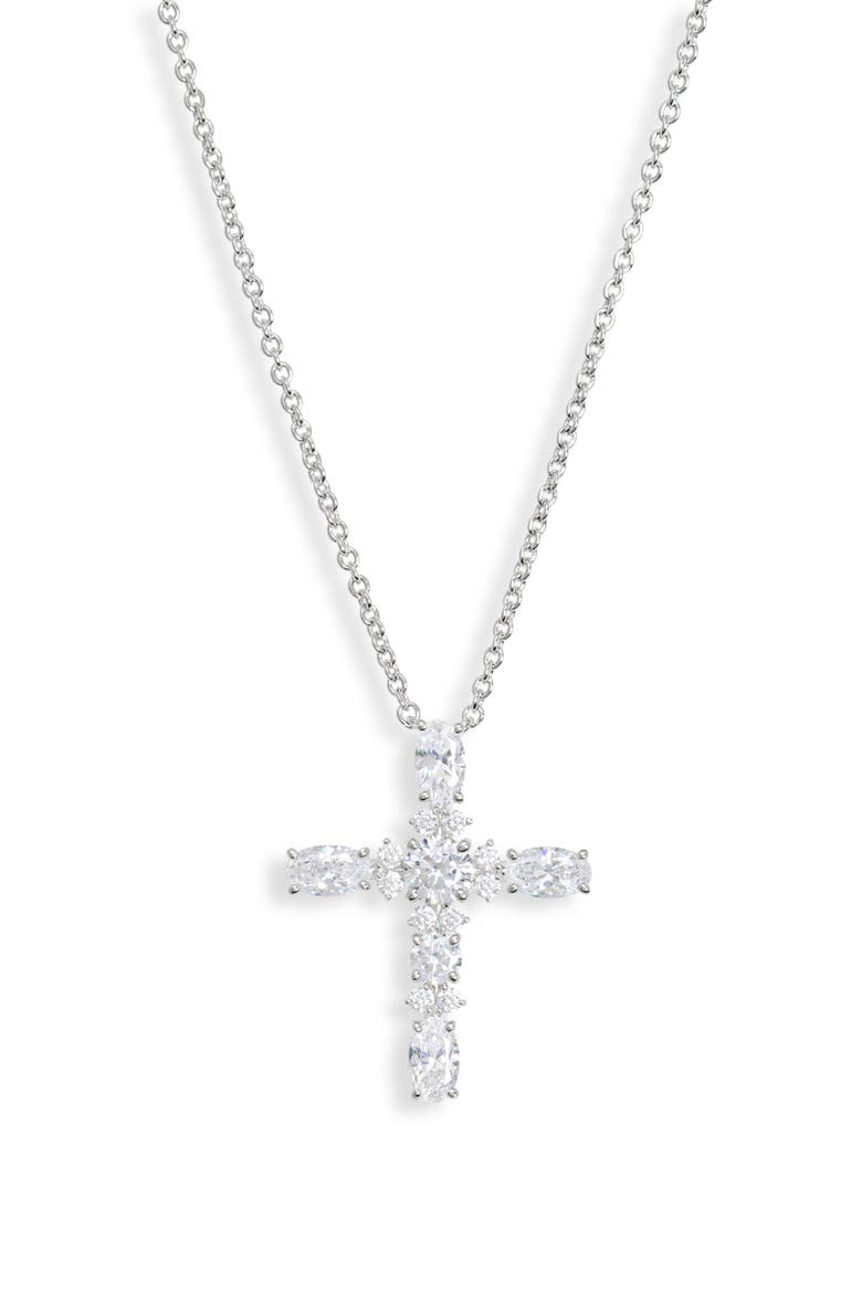 Oval Cross Cubic Zirconia Pendant Necklace, Main, color, RHODIUM