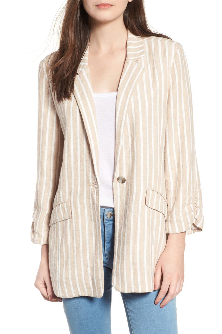 Cinch Sleeve Blazer, Main, color, TAN NOMAD ELLA LINEN STRIPE