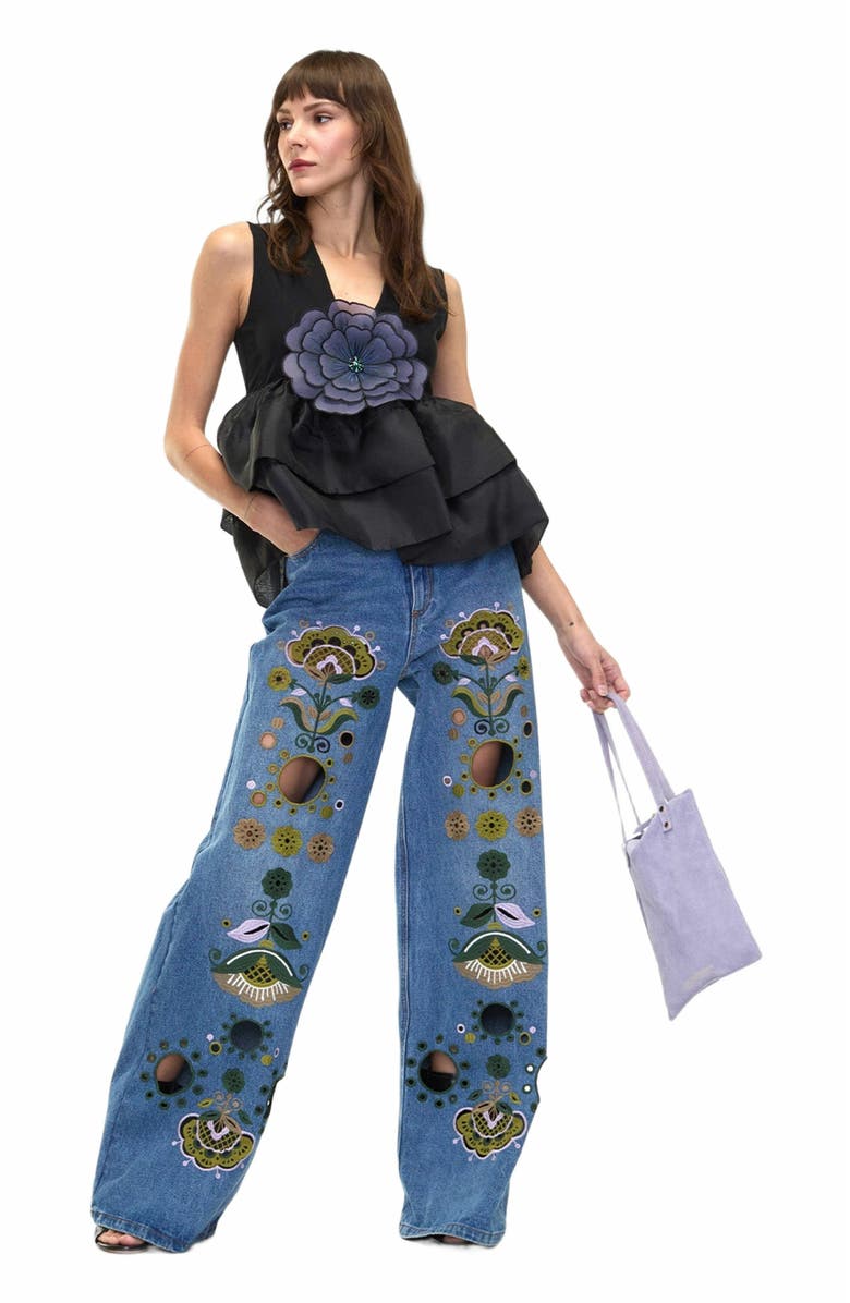 Cynthia Rowley Embroidered Wide-leg Jean, Alternate, color, Blue_multi