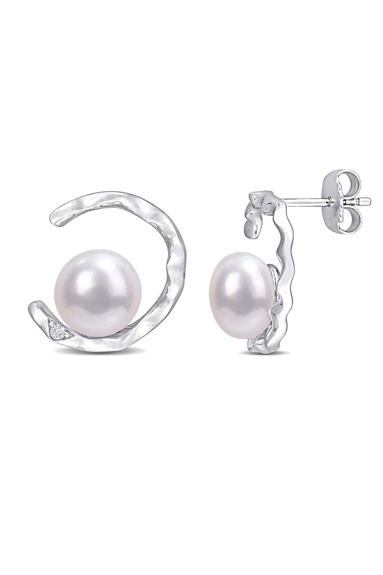 Created White Sapphire & 7.5-8mm Freshwater Pearl Earrings, Main, color, WHITE