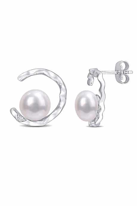 DELMAR Created White Sapphire & 7.5-8mm Freshwater Pearl Earrings