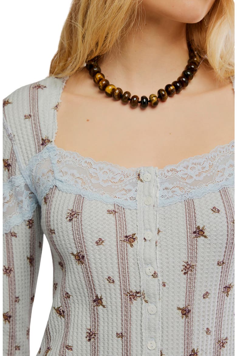 Let's Party Floral Lace Trim Cotton Waffle Knit Button-Up Top, Alternate, color, PEARL BLUE COMBO