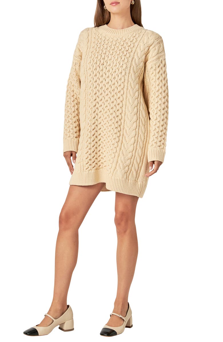 English Factory Cable Stitch Long Sleeve Sweater Dress, Alternate, color, Cream