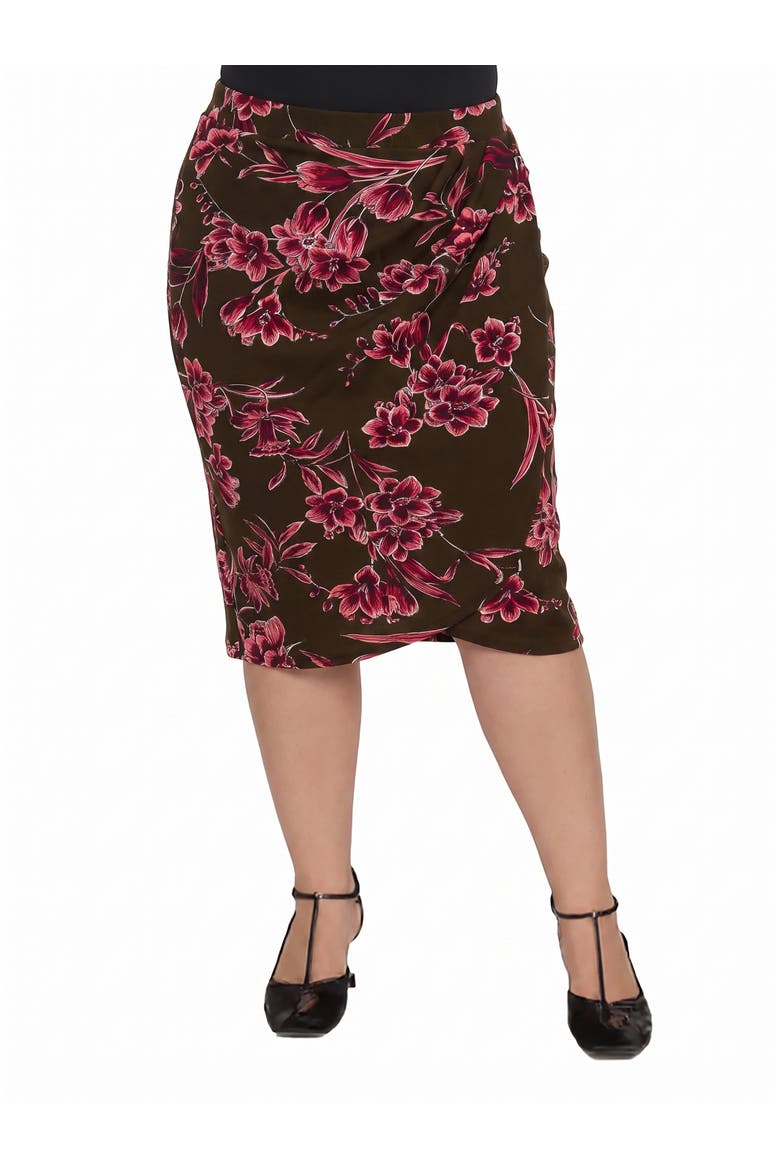 Elevate Curvy Elastic High Waist Knee Length Tulip Pencil Skirt, Main, color, Brown Multi