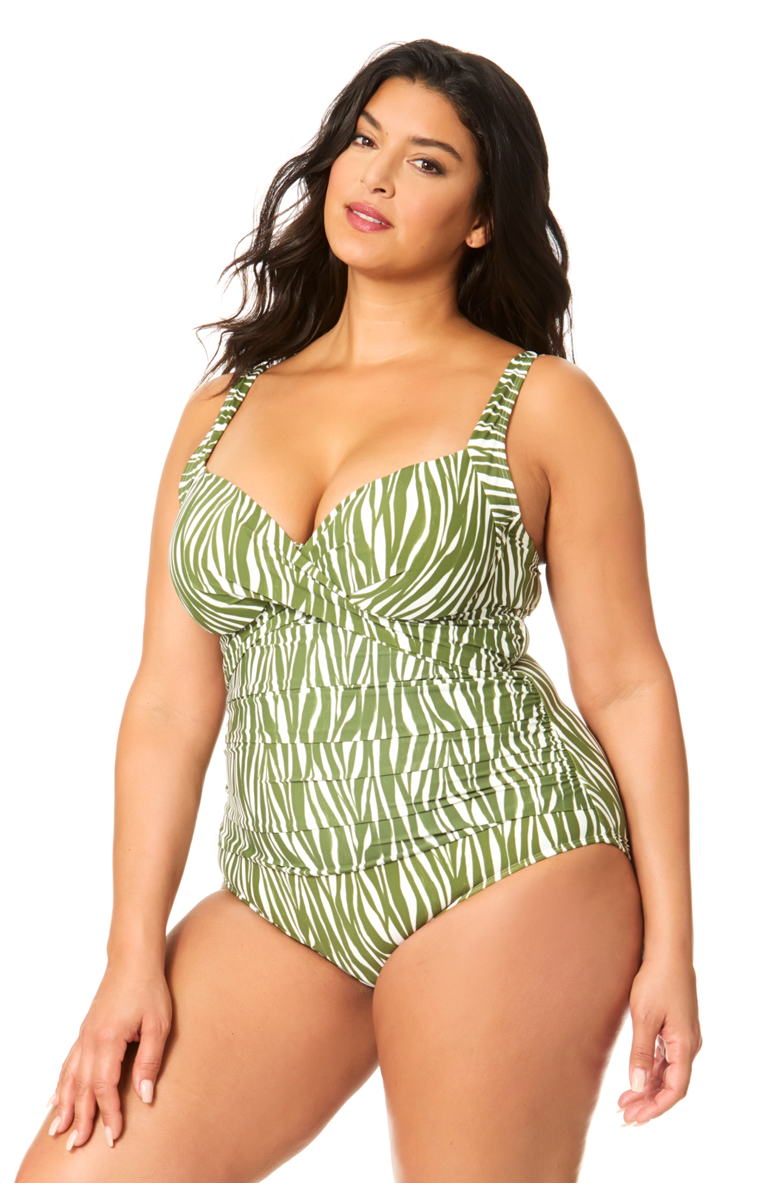 Anne Cole Women's Plus Sierra Woodblock Underwire Surplice One Piece Swimsuit, Alternate, color, Sierra Woodblock