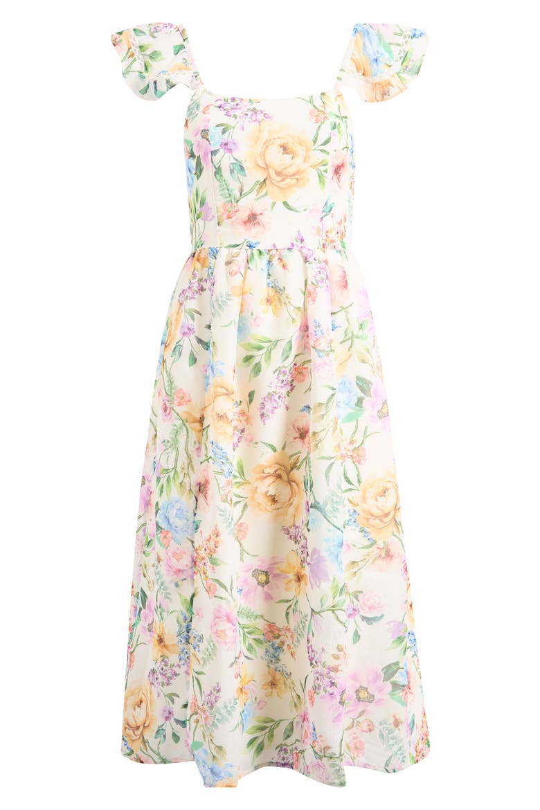Floral Print Flutter Sleeve Midi Dress, Alternate, color, WHITE