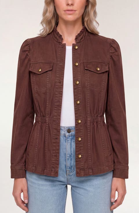 Puff Sleeve Ruffle Trim Trucker Jacket