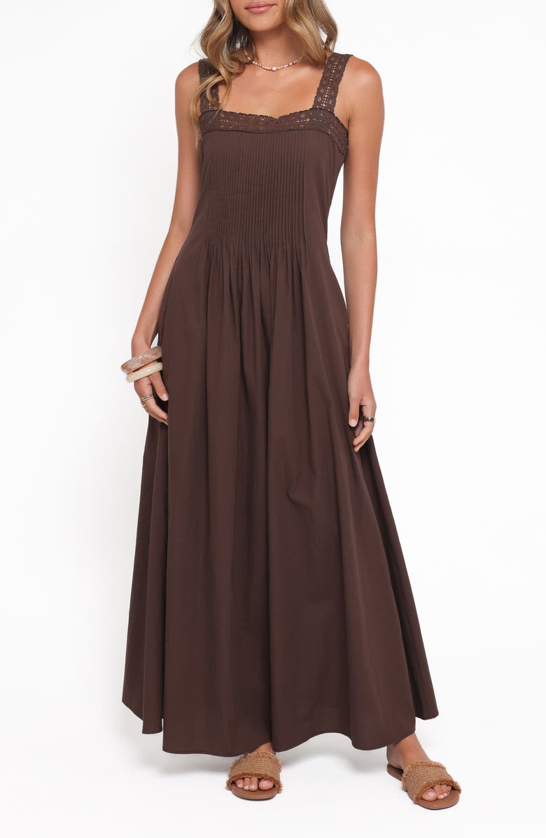 Petal & Pup Alandra Pintuck Pleat Cotton Maxi Dress, Main, color, Brown