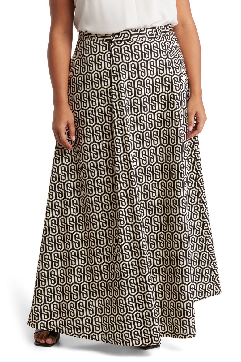 Abigail Stretch Poplin Midi Skirt, Main, color, BLACK/ TAUPE