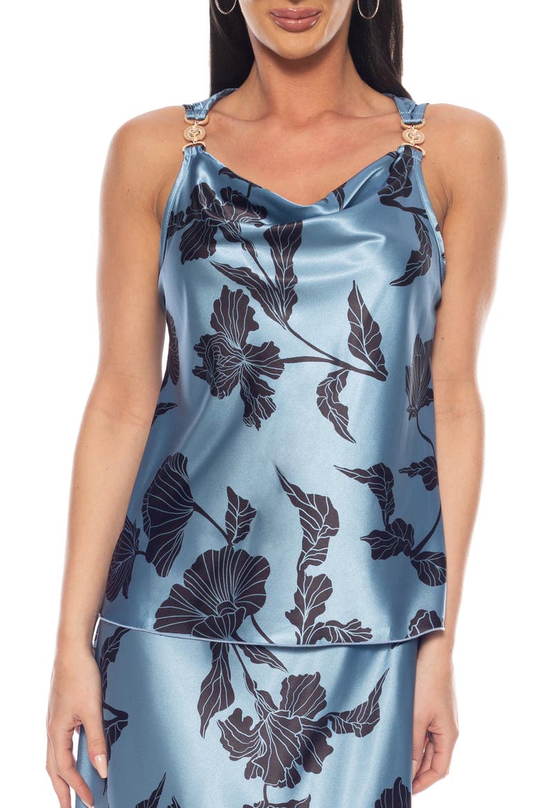 Floral Chain Strap Satin Top, Main, color, DENIM BLACK