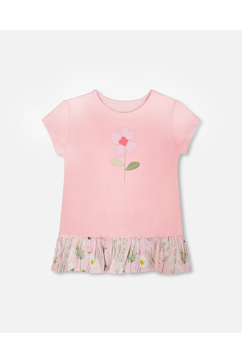 Organic Cotton Bi-Material Short Sleeve Tunic with Ruffle, Main, color, Dusty Pink