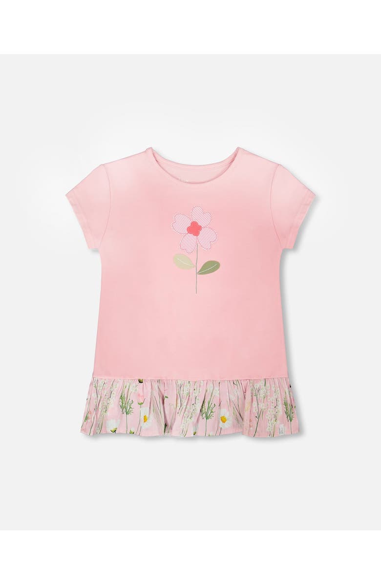 Deux par Deux Organic Cotton Bi-Material Short Sleeve Tunic with Ruffle, Main, color, Dusty Pink