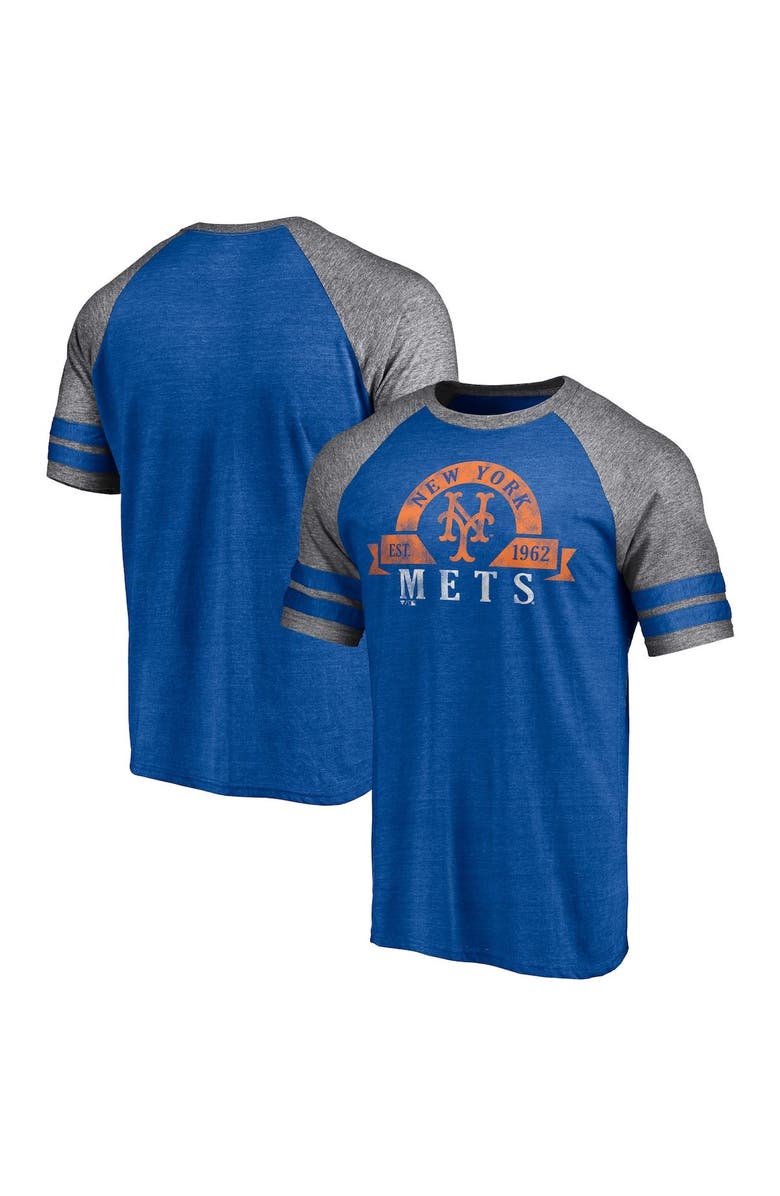 FANATICS Men's Fanatics Branded Heather Royal New York Mets Utility Two-Stripe Raglan Tri-Blend T-Shirt, Main, color,