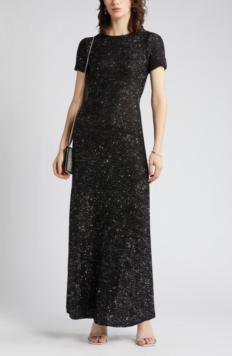 ZOE AND CLAIRE Sequin Short Sleeve Sweater Dress, Main, color, Black