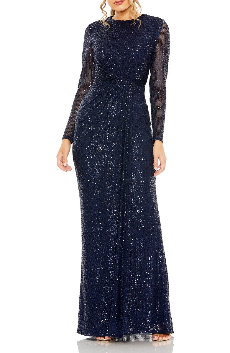 Mac Duggal Women’s Long Sleeve Sequin Column Gown with Side Knot, Main, color, Midnight
