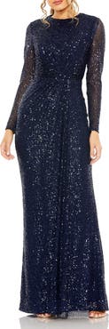 Mac Duggal Women’s Long Sleeve Sequin Column Gown with Side Knot