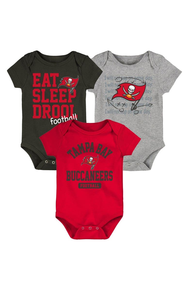 Outerstuff Newborn & Infant Red/Pewter/Heathered Gray Tampa Bay Buccaneers Three-Piece Eat Sleep Drool Bodysuit Set, Main, color, 