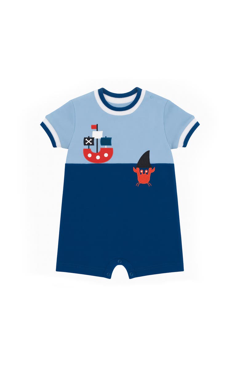 Florence Eiseman Knit Shortall With Pirate Ship & Crab, Main, color, Blue