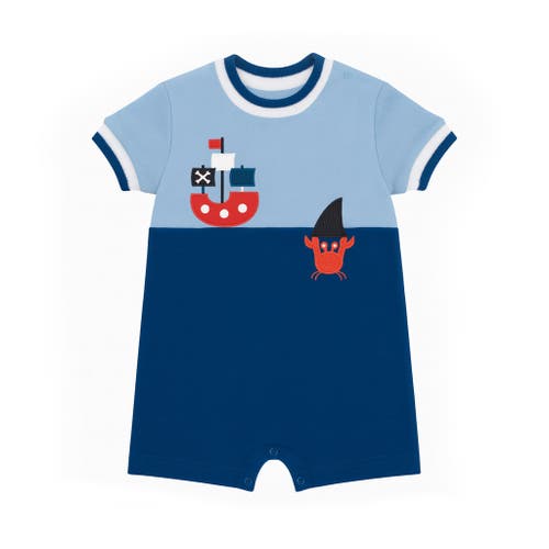 Florence Eiseman Babies' Knit Shortall With Pirate Ship & Crab In Blue