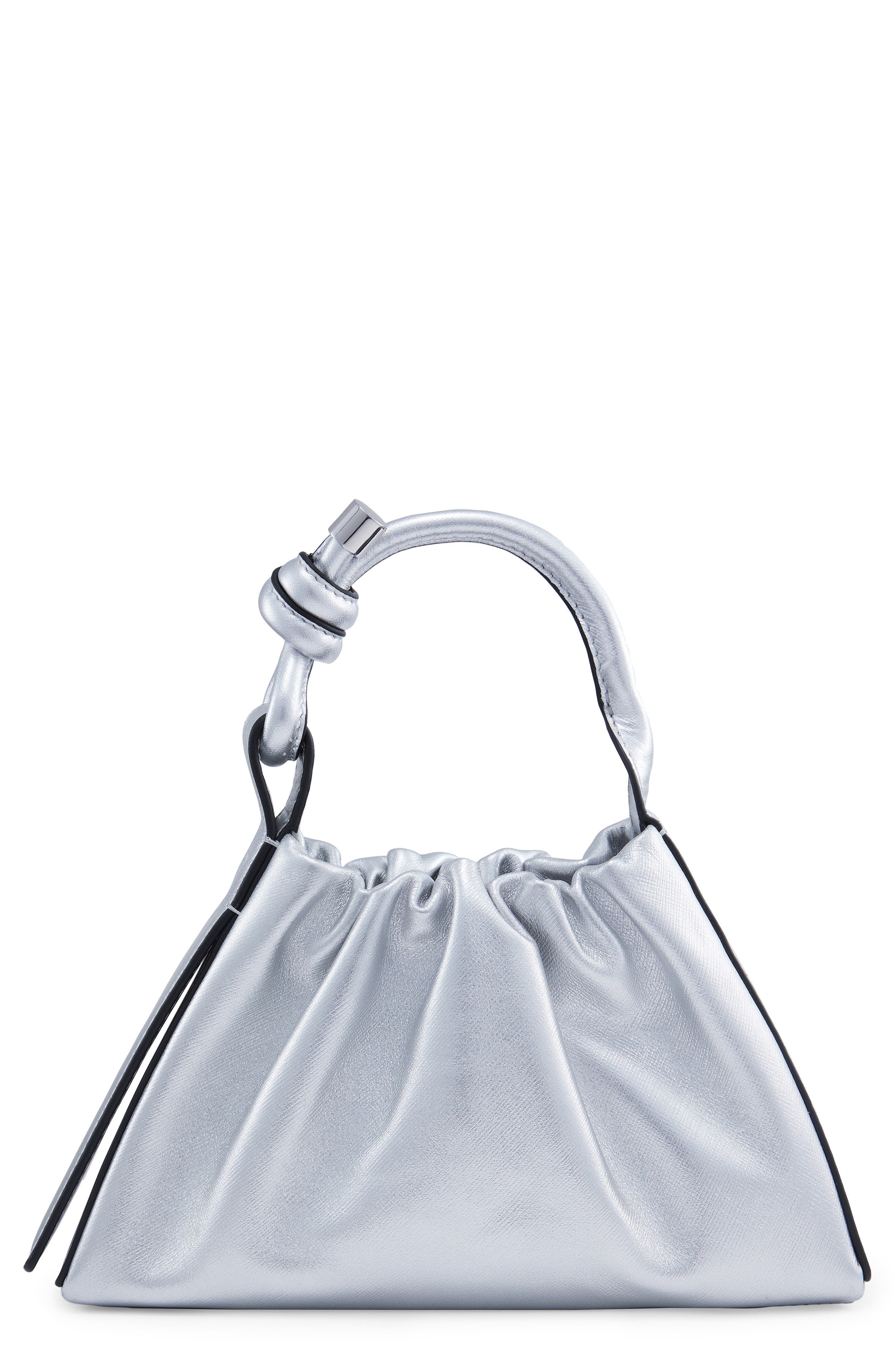 behno Mini Tina Ruched Metallic Leather Baguette Top Handle Bag, Main, color, Silver