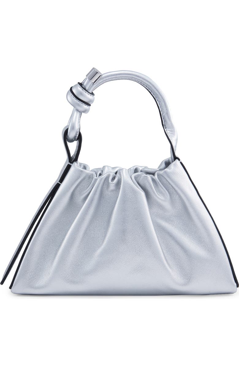 behno Mini Tina Ruched Metallic Leather Baguette Top Handle Bag, Main, color, Silver