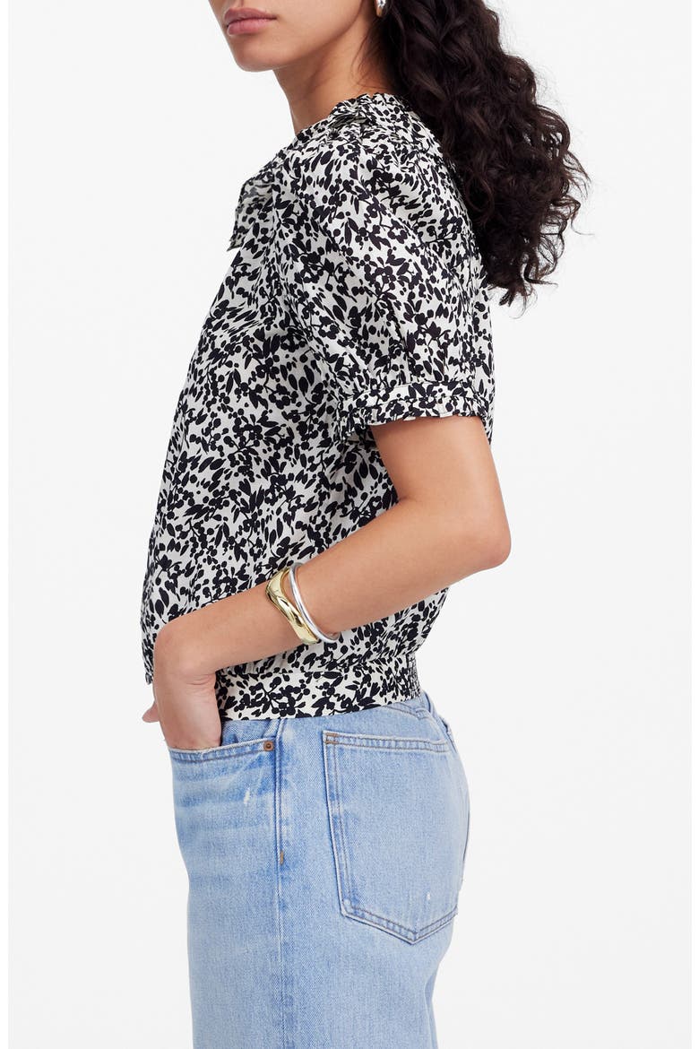 Ruffle Floral Button Front Top, Alternate, color, ABSTRACT LEAF BLACK IVORY