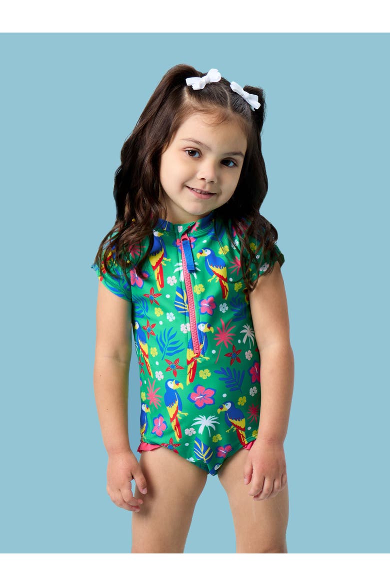 Girls Short Sleeve UPF50+ One Piece Rash Guard, Alternate, color, Parrot Palms